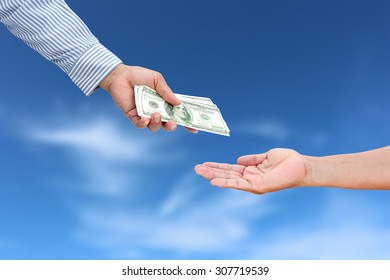 Business Woman Hand Sent Dollar Money To Other Hand.