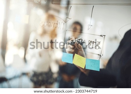 Business woman, hand and strategy writing in a meeting at office with moodboard. Working, brainstorming and corporate team with sticky notes and networking strategy for problem solving and project
