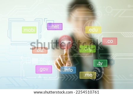 Business woman hand touching on domain name icon