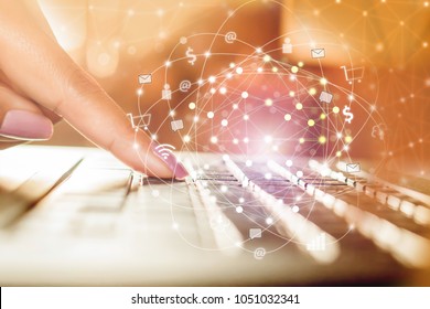 Business Woman Hand Typing On Computer Laptop With Technology Connection And Internet Of Things, Social Media Concept Background 