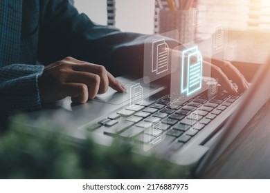 Business woman hand using laptop computer with document management icon, Document management data system business internet technology concept.	 - Shutterstock ID 2176887975