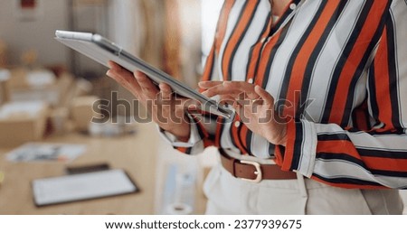 Business woman, hands and tablet in research, networking or social media for logistics at boutique. Closeup of female person or employee working on technology for online shopping or ecommerce store