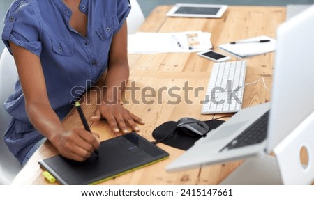 Business, woman and hands with tablet or writing in office for web design, technology and planning at desk. Digital, person and designer with laptop for photoshop, creative and editing at workplace