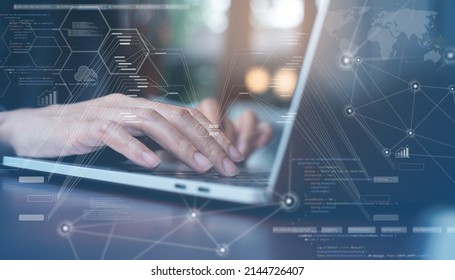 Business woman hands working on laptop computer at office with digital diagram, personal data, financial graph interfaces and internet network technology icons, virtual screen. business intelligence