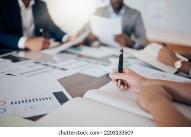 Business Woman Hands Writing In Marketing Meeting With Notebook, Paper Or Book For Schedule, Report Or Financial Plan. Zoom Of Business People Working With Strategy, Innovation Or KPI Company Growth