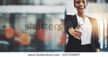 Business woman, handshake offer and job interview in Human Resources meeting, welcome or thank you POV. Professional or HR worker shaking hands in recruitment, hiring or introduction on banner mockup