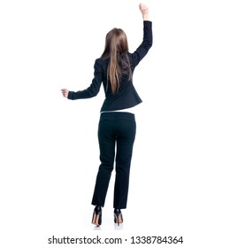 Business Woman Happiness Smiling Hands Up On White Background Isolation, Back View