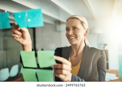 Business, woman and happy on glass board at office for brainstorming with planning, agenda and vision. Strategy, ideas and sticky notes for project with solution, problem solving and proposal - Powered by Shutterstock