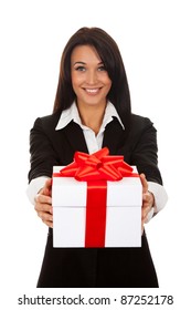 Business Woman Happy Smile Hold Gift Box In Hands. Isolated Over White Background.