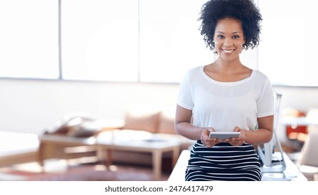 Business, woman and happy with tablet or portrait in office for company metrics update or social media manager. Technology, employee and mockup at workspace for campaign management at digital agency - Powered by Shutterstock