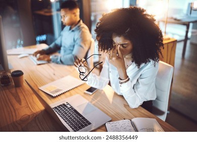 Business, woman and headache from eye strain at desk with stress, overworked and work deadline at night. Professional, employees and fatigue in coworking office with burnout, internet glitch and pain