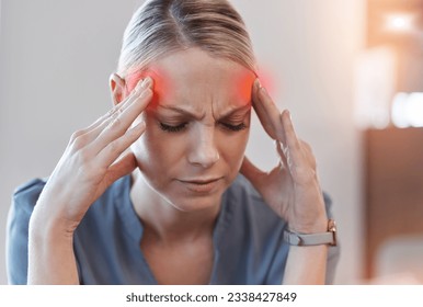 Business woman, headache and stress with thinking, red glow or overlay for burnout at finance job. Accountant employee, pain and tired with fail, depressed and fatigue with pressure at modern office