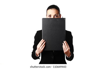 Business Woman Hiding Face Behind Black Folder