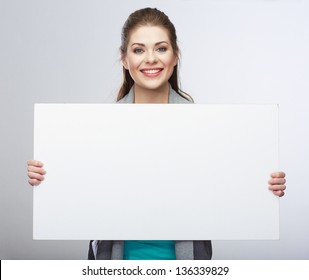 Business woman hold blank card. Smiling business woman.