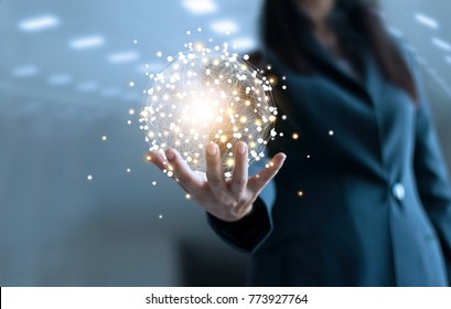 Business Woman Holding Circle Global Network Connection And Data Exchanges Worldwide On Work Place Background, Business Network Communication And Technology Concept 