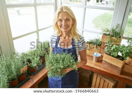 Business woman holding pot with growing spicy herbs