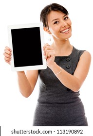 Business woman holding a tablet computer - isolated over a white background