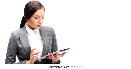 Business Woman Holding Tablet Computer Isolated On White Background. Working On Touching Screen.