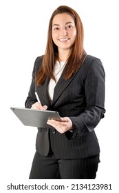 Business Woman Holding A Tablet, Wearing A Suit, Smiling Looking At Camera. With Isolated On White Background. 40-45 Years Old Woman.