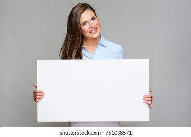 Business woman holding white big sign board. Isolated portrait. - Powered by Shutterstock