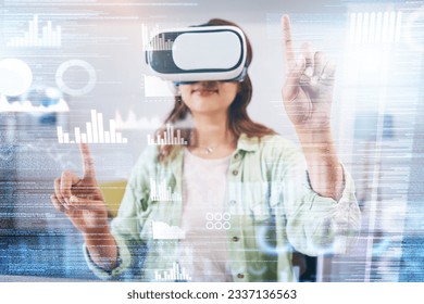 Business woman, hologram and ar chart for press, glasses or big data analysis in metaverse web design. Futuristic seo expert, virtual reality vision and click for coding, programming and 3d overlay - Powered by Shutterstock