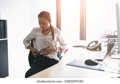 Business, woman and injection in office for diabetes for daily dose, treatment and glucose management for healthcare. Girl, abdomen and workplace with medical instrument for sugar control and monitor - Powered by Shutterstock