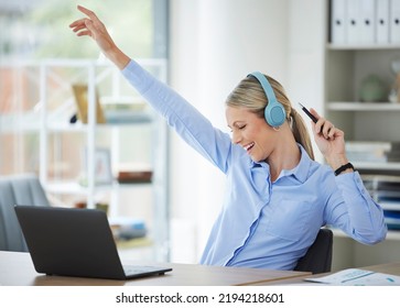 Business Woman At Internet Laptop, Fun Professional Girl Dancing At Office, Happy Employee Headphones In Office. Admin Worker, Successful Company Goal And Excited Female In Computer Online Meeting