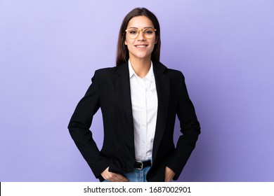 Business Woman Isolated On Purple Background Laughing