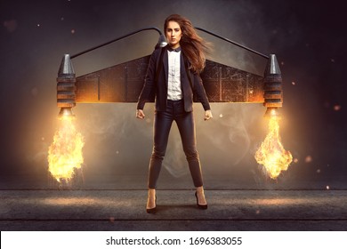 Business Woman With A Jetpack Is Ready To Start