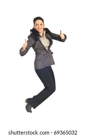 Business woman jumping and giving thumbs up isolated on white background - Shutterstock ID 69365032