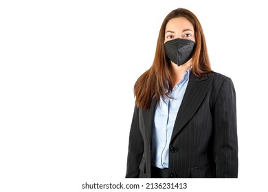 Business Woman With KN95 FFP2 Black Mask. Looking At Camera. Isolated On White Background. 40-45 Years Old Woman.