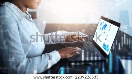 Business woman, laptop and infographic, finance market research and global financial statistics, lens flare overlay at desk with online map. Black woman, technology and digital chart, ppt and fintech