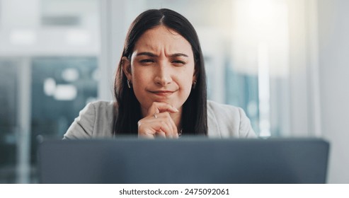 Business woman, laptop and thinking for planning blog post, ideas and contemplating in office. Solution, thoughtful person and journalist proofreading article, copyright research and magazine agency - Powered by Shutterstock