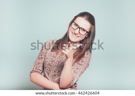 Business woman laughing with you, isolated