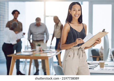 Business Woman Leadership, Manager Documents And Creative Designer Planning For Motivation, Innovation And Success In Agency. Portrait Young Entrepreneur With Paperwork For Marketing Team Meeting