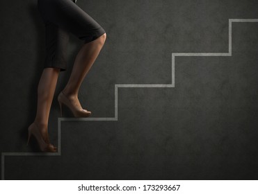 Business Woman Legs Drawn Up The Stairs, Concept Of Success In Business