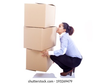 Business woman lifting card boxes, isolated on white background - Powered by Shutterstock