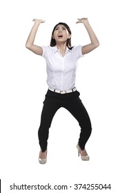 Business Woman Lifting Something Heavy Isolated Over White