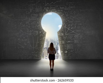 Business woman looking at keyhole with bright cityscape concept background - Shutterstock ID 262659533