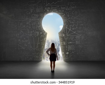 Business woman looking at keyhole with bright cityscape concept background - Shutterstock ID 344851919