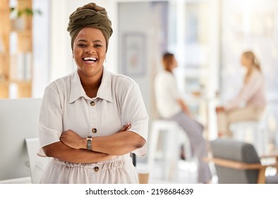 Business Woman, Manager And Boss Happy Working At A Startup Marketing Company, Leadership Of Office Employees And Smile At Agency. Portrait Of African Worker With Arms Crossed In Work Office