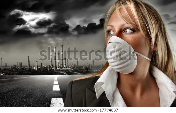a business\
woman with a mask and a big\
factory