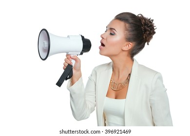 Business woman with megaphone yelling and screaming isolated on white background 