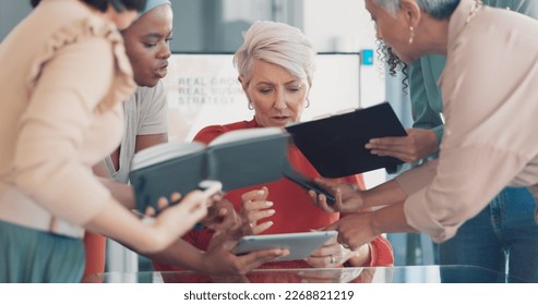 Business, woman and multitasking with stress, chaos and anxiety with team, workplace and time management. Female leader, employee and mature lady with burnout, manager busy or confused with deadlines - Powered by Shutterstock