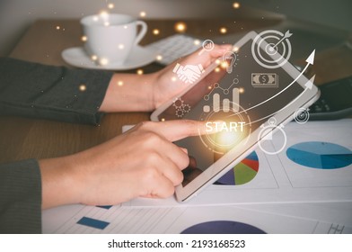 Business Woman And Network Connection On Modern Virtual Interface From Digital Tablet. Business Woman Holding Tablet During Meeting In Office.Startup Concept