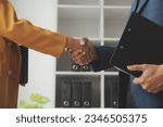 Business woman offer and give hand for handshake in office. Successful job interview. Apply for loan in bank. Salesman, bank worker or lawyer shake for deal, agreement or sale. Increase of salary.