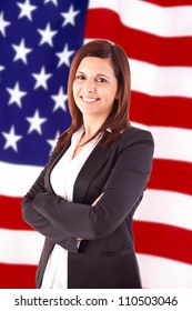 Business Woman Over American Flag Background - Labor Day