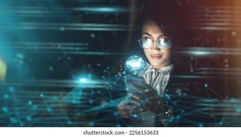 Business woman, overlay and phone for global map at night for tracking and information technology. Iot, smile and future 3d world hologram in dark with person networking with location for innovation - Shutterstock ID 2256153633