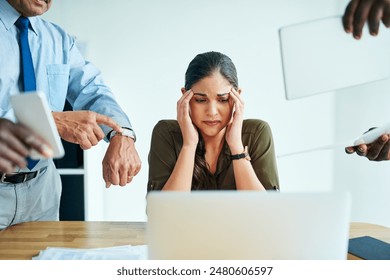 Business woman, overwhelmed and laptop in office with headache, anxiety and stress for deadline. Graphic designer, burnout and tech in workplace with frustrated, tired and chaos for time management - Powered by Shutterstock