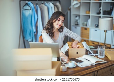 A Business Woman Packs A Shipping Package. The Online Business Owner Prepares The Order And Sends The Delivery Box To The Customer. Work From Home. Home Office.